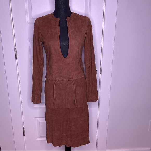 100% Leather Suede Plunge Neck Brown Dress by Guillame - Picture 2 of 7